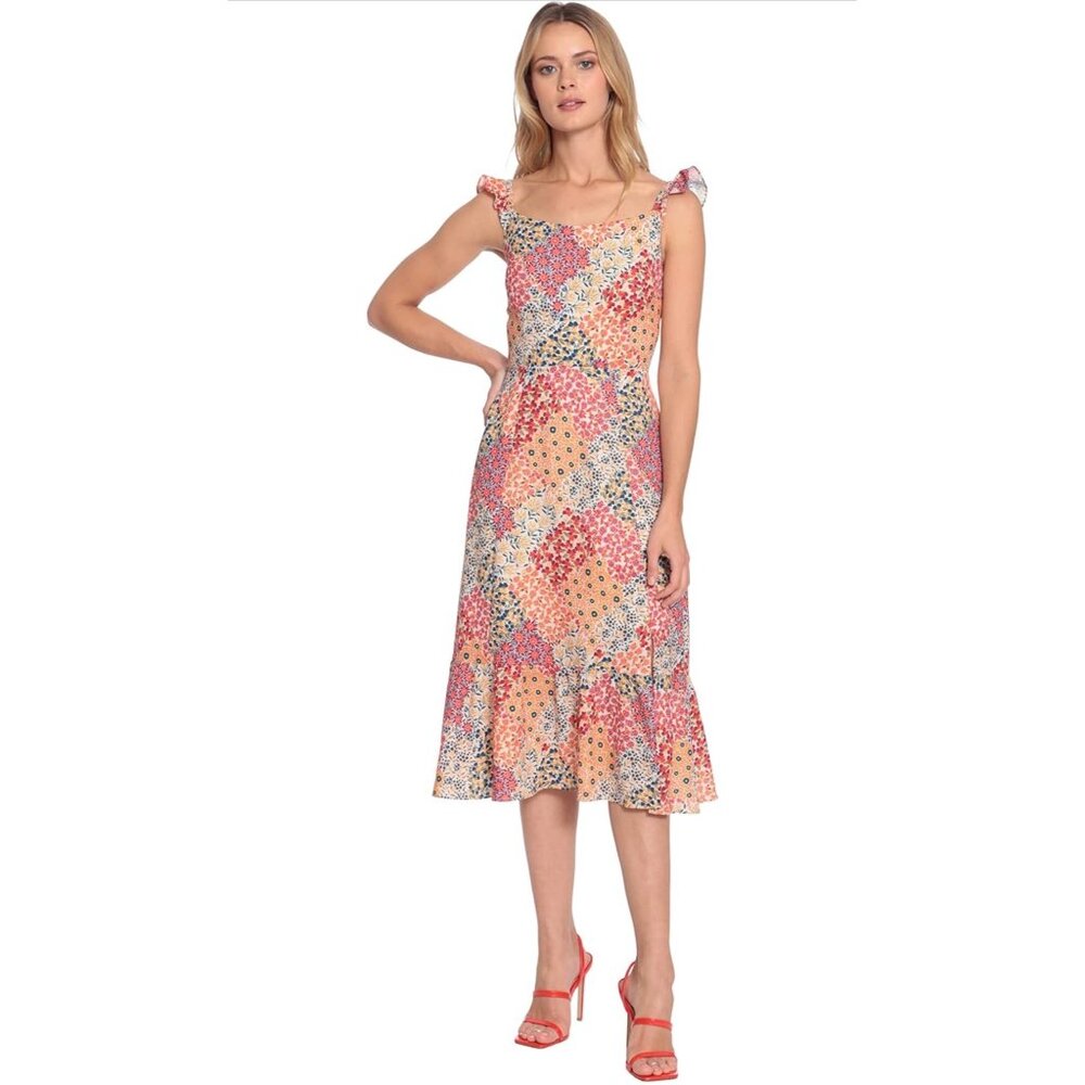 Donna Morgan Women's Sleeveless Ruffle Strap Dress Sz 16W Floral Patchwork Fairy